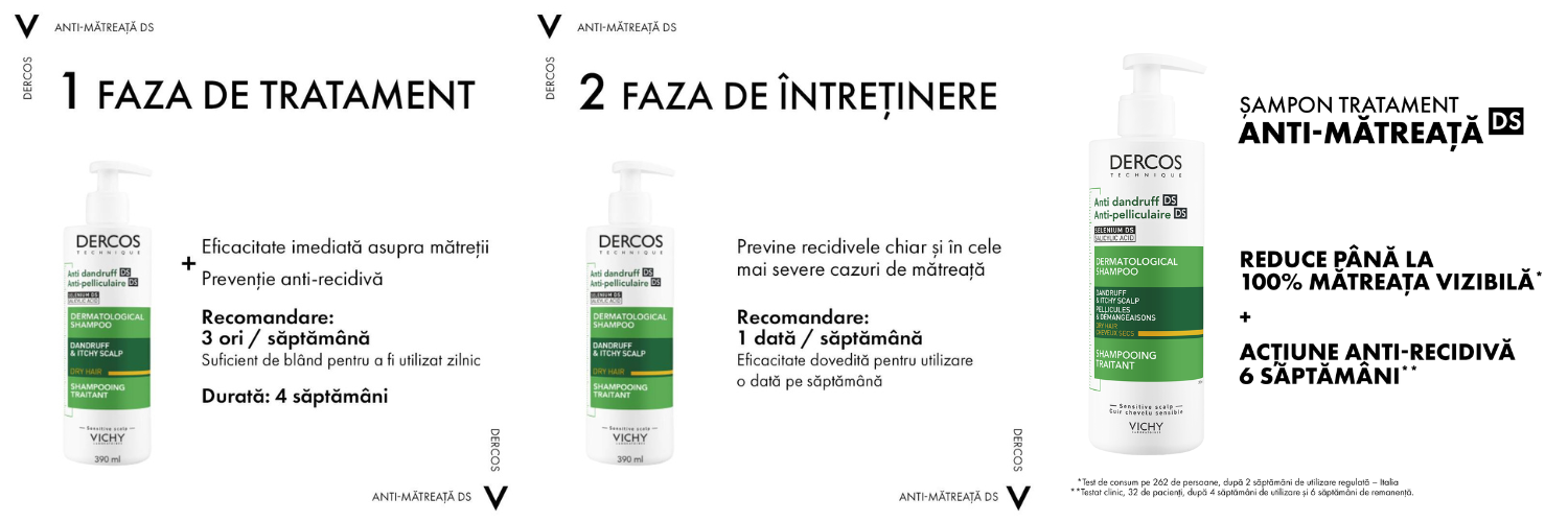 Sampon anti-matreata pentru par uscat si scalp sensibil Dercos, 390 ml, Vichy